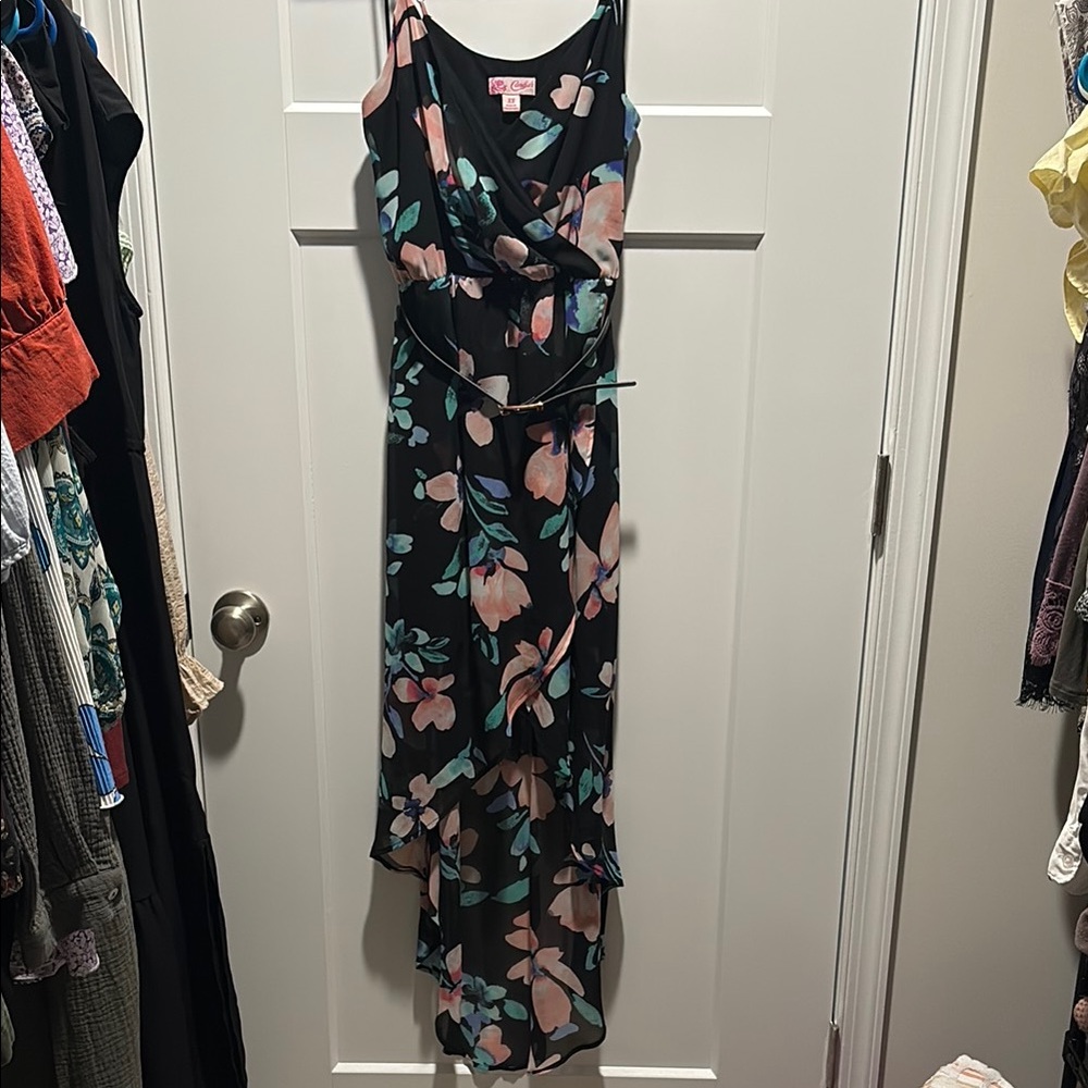 Sleeveless Black Floral Maxi Dress with Pink & Teal Print